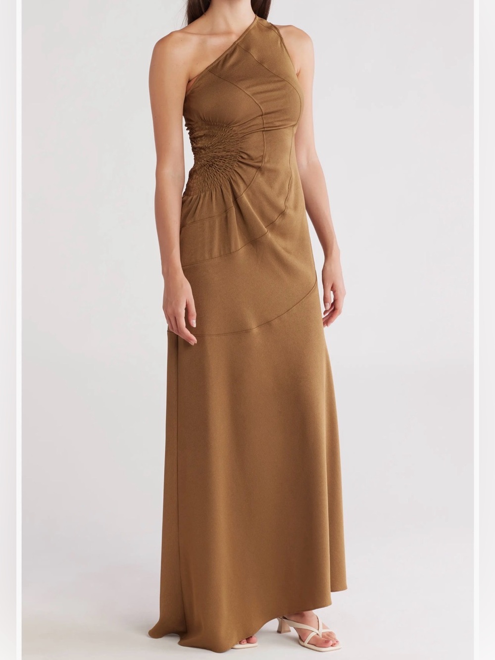 A.L.C. NWT One Shoulder Satin‎ Maxi Dress Olive Brown Ruched Wedding Guest